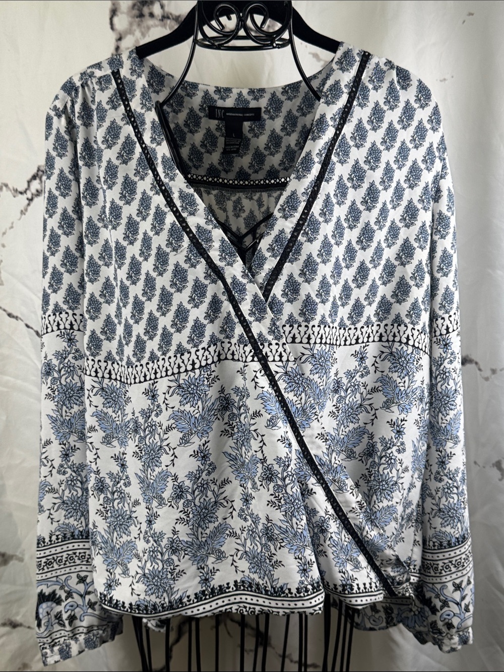 INC International Concepts Crossover Blouse Blue Floral V-Neck Hi-Low